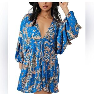 Free People - Printed Arzel Draped-Sleeve Mini Dress in Blue